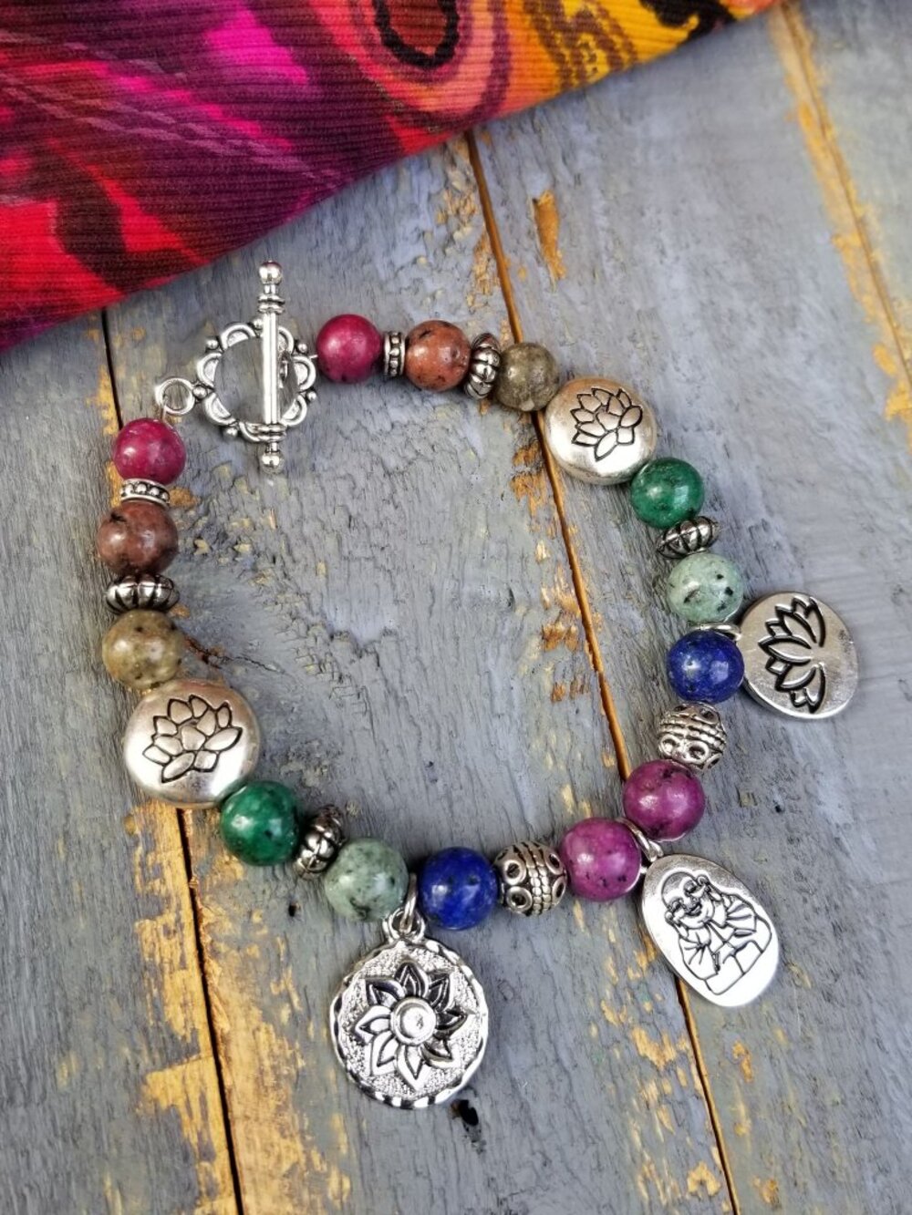 Artisan Chakra Bracelet Buddha Lotus Charm Colorful Gemstone Yoga Meditation - Picture 6 of 12